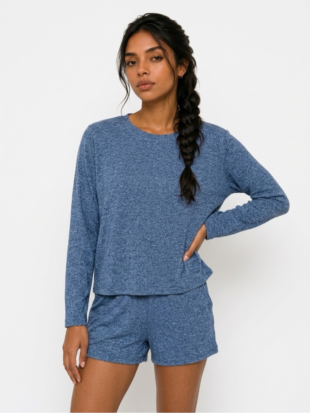 NWOT Zenana Blue Heathered Long-Sleeve Lounge Top and Shorts Set